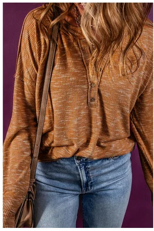 Azura Exchange Rippstrick Drop Shoulder Langarm Henley-Oberteil