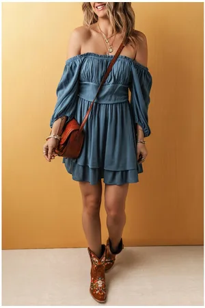 Azura Exchange Echter Teal Rüschenausschnitt 3/4-Ärmeln Geschichtetes Rüschendes Mini-Kleid