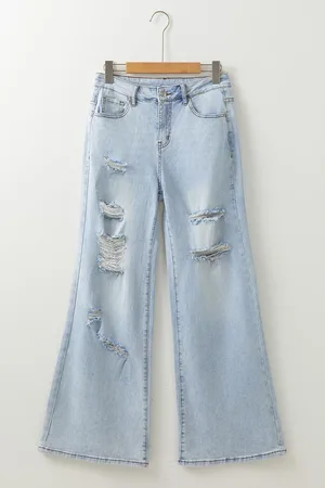 Azura Exchange Beau Blaue Leicht Waschung Zerrissene Hohe Taille Weit Bein Jeans