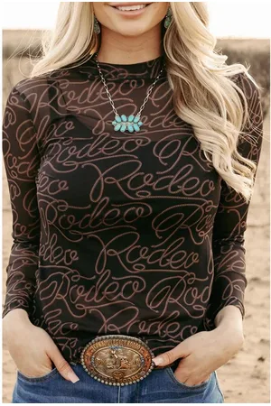 Azura Exchange Schwarzes Westliches Rodeo Bedrucktes Mock Neck Langarm-Mesh-Oberteil