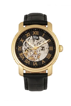 Reign Kahn Automatik-Skelettuhr mit Lederarmband