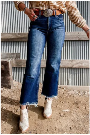 Azura Exchange Segelblau Mineralwäsche Rohe Saum Hohe Taille Ausgestellte Jeans