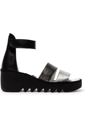 Fly London Damen BONO290FLY Silber Schwarz Idra Leder Sandalen Espadrille Wedges