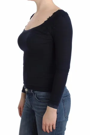 ERMANNO SCERVINO Damen Seidenpullover mit quadratischem Ausschnitt und langen Armeln und Spitzenbesatz