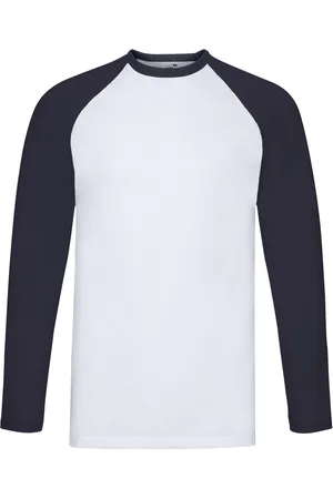Fruit Of The Loom T-Shirt für Herren - Baseball Langärmlig (Weiß/Marineblau)