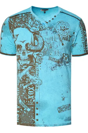 Rusty Neal V-Neck T-Shirt mit All Over Skull X Snake Print und Wildleder-Details