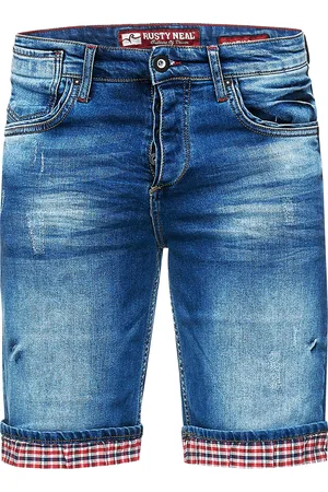 Rusty Neal Blue Used Jeans Shorts mit Karomuster "SATTO"