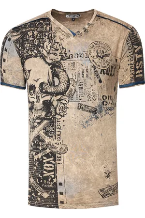 Rusty Neal V-Neck T-Shirt mit All Over Skull X Snake Print und Wildleder-Details