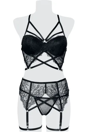 Grey Velvet 3-teiliges Spitzen Harness-Bra Set Wäsche-Set in M