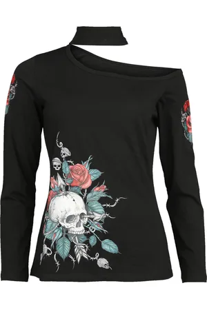Rock Rebel Longsleeve with Skull and Roses Print Langarmshirt in L