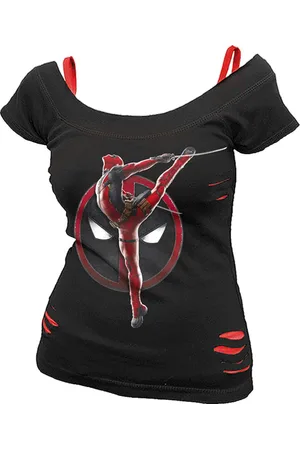 DEADPOOL Pose - 2 in1 Red Ripped Top T-Shirt in L