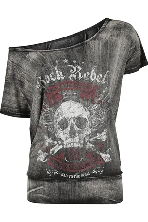 Rock Rebel Dunkelgraues T-Shirt mit weitem Ausschnitt und Print T-Shirt in L