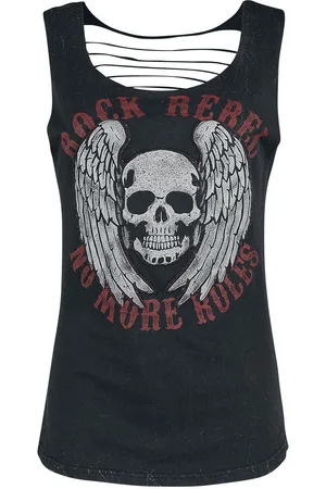 Rock Rebel Schwarzes Top mit Cut-Outs und Print Top in L