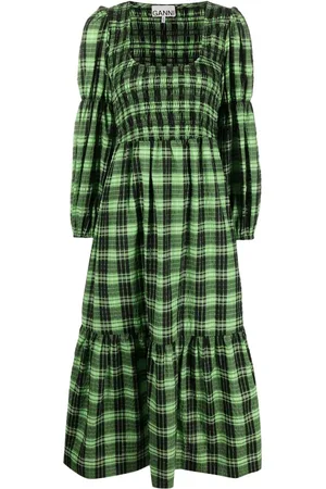 Ganni Kariertes Seersucker-Midikleid