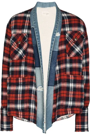 GREG LAUREN Karierter Cardigan mit Jeansbesatz