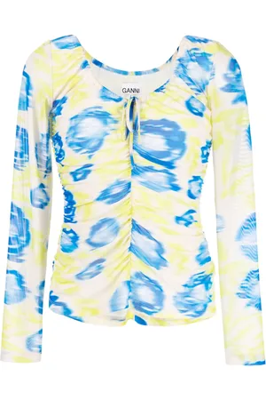 Ganni Geraffte Bluse aus Mesh mit Blumen-Print