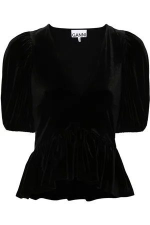 Ganni Samtbluse mit V-Ausschnitt
