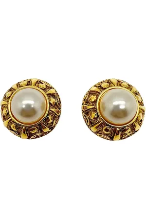 JENNIFER GIBSON JEWELLERY Vintage French Couture Etruscan galleried half pearl earrings 1980s