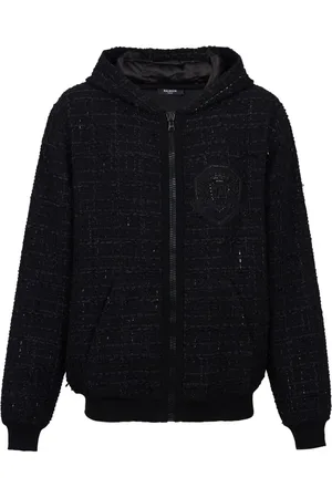 Balmain Tweed-Kapuzenjacke mit Logo-Patch