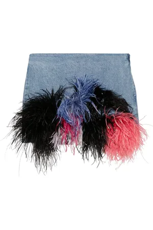 LOULOU Denim-Midirock mit Federn