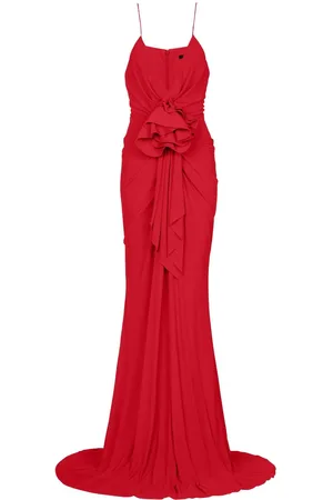 Balmain Plissiertes Abendkleid mit Blumenapplikation