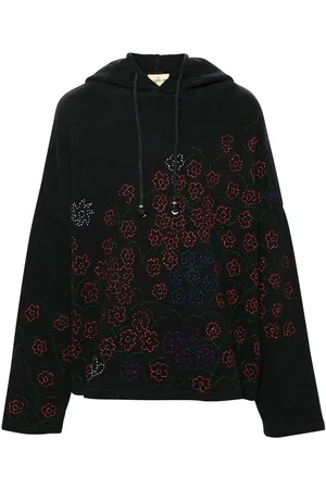 Glass Cypress Blumenstickerei-Hoodie mit tiefen Schultern