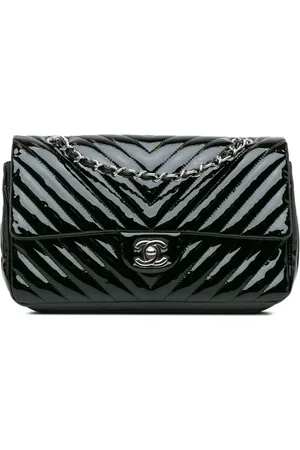 CHANEL 2015-2016 mittelgroße Classic Chevron Double Flap Schultertasche aus Lackleder
