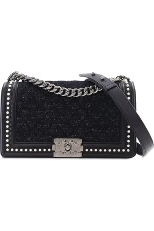 CHANEL 2018-2019 mittelgroße Pearl Boy Flap Umhängetasche aus Tweed und Kalbsleder