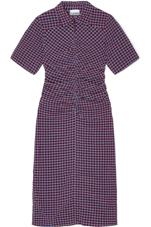 Ganni Kariertes Midikleid mit Raffungen