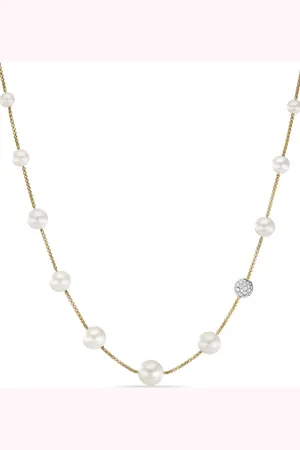 David Yurman 18kt Station Gelbgoldhalskette mit Diamanten und Perlen (1,25mm)