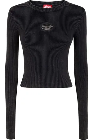 Diesel Ribbed Long-Sleeve Black Top With Subtle Logo Deta - Größe L