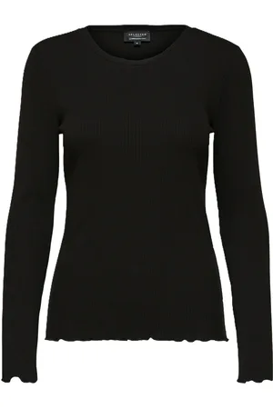 SELECTED Langarmshirt, fein gerippt, gerüschte Säume, für Damen, , S
