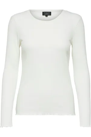 SELECTED Langarmshirt, fein gerippt, gerüschte Säume, für Damen, , XS