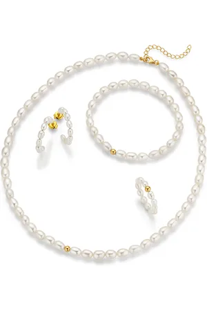 Vandenberg Damen Schmuck-Set, Kette, Armband, Ohrringe und Ring, 925er Sterling Silber mit Süßwasser-Zuchtperlen