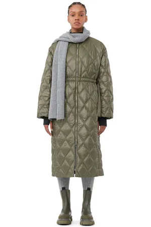 Ganni Grüner, glänzender, langer Steppmantel in Green Damengröße Klein/Mittel Langärmlig