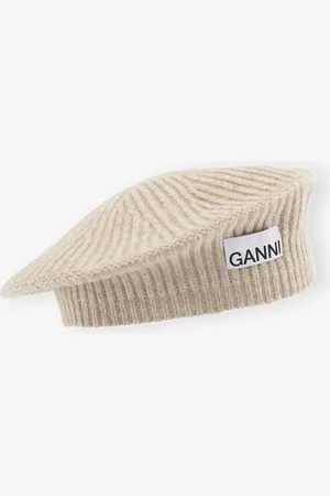 Ganni Wool Rib Knit Baskenmütze in Beige Damengröße Einheitsgröße