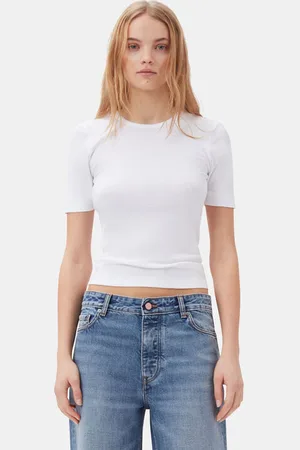 Ganni Weißes Ripp-T-Shirt mit kurzen Ärmeln in White Damengröße Groß