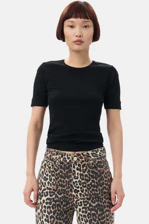 Ganni Schwarzes Ripp-T-Shirt mit kurzen Ärmeln in Damengröße XL