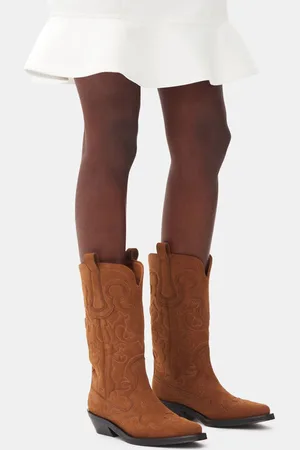 Ganni Brown Suede Mid Shaft Embroidered Westernstiefel Damengröße 36 Polyurethane/Recycelte Polyamid