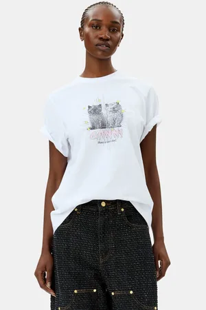 Ganni White Basic Jersey Kittens Relaxed T-Shirt Damengröße Klein