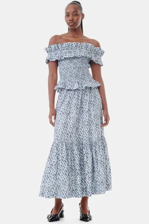 Ganni Blue Floral Printed Cotton Maxi Flounce Rock in Damengröße 40