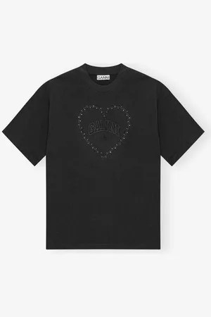 Ganni Black Heavy Cotton Drop Shoulder Heart T-Shirt in Mixed Damengröße Mittel