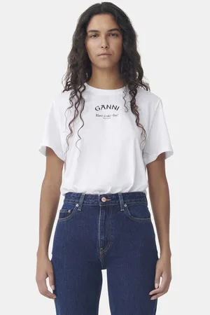 Ganni Lockeres, weißes T-Shirt mit O-Ausschnitt in White Damengröße Mittel