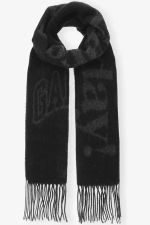 Ganni Black Fringed Wool Schal in Mixed Damengröße Einheitsgröße