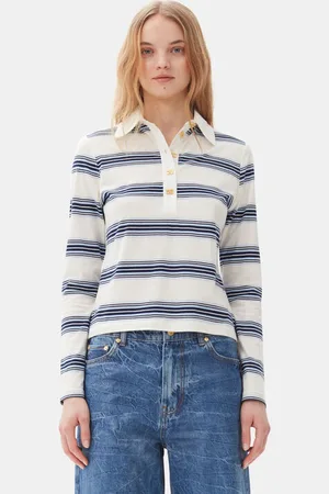 Ganni Blue Striped Long Sleeve Poloshirt in Mixed Damengröße XXS