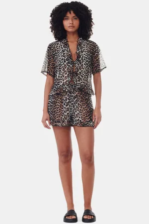 Ganni Printed Chiffon Ruffle Shorts in Mixed Damengröße 34 Recycelte Polyester