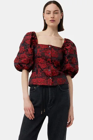 Ganni Red Botanical Jacquard Fitted Bluse in Damengröße 40
