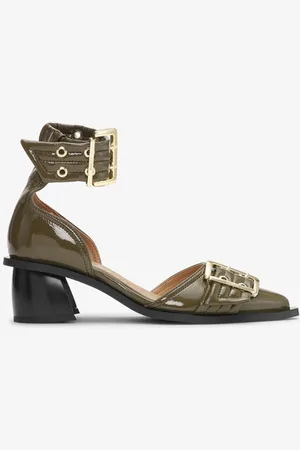 Ganni Olive Green Feminine Buckle Open Cut Pumps in Damengröße 36 Polyurethane/Recycelte Baumwolle