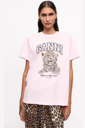 Ganni Pink Basic Jersey Leopard Relaxed T-Shirt in Damengröße XS