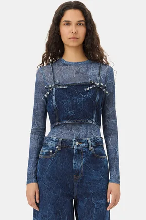 Ganni Blue Crinkled Future Denim Strap Top in Damengröße 36